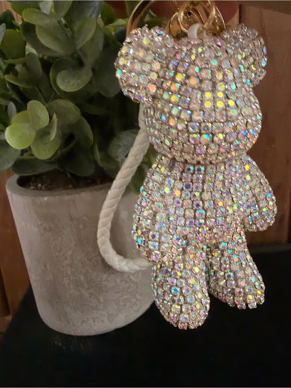 Natasha Iridescent Crystal Teddy Bear Keychain with White Wrist Strap - Picture 4 of 4